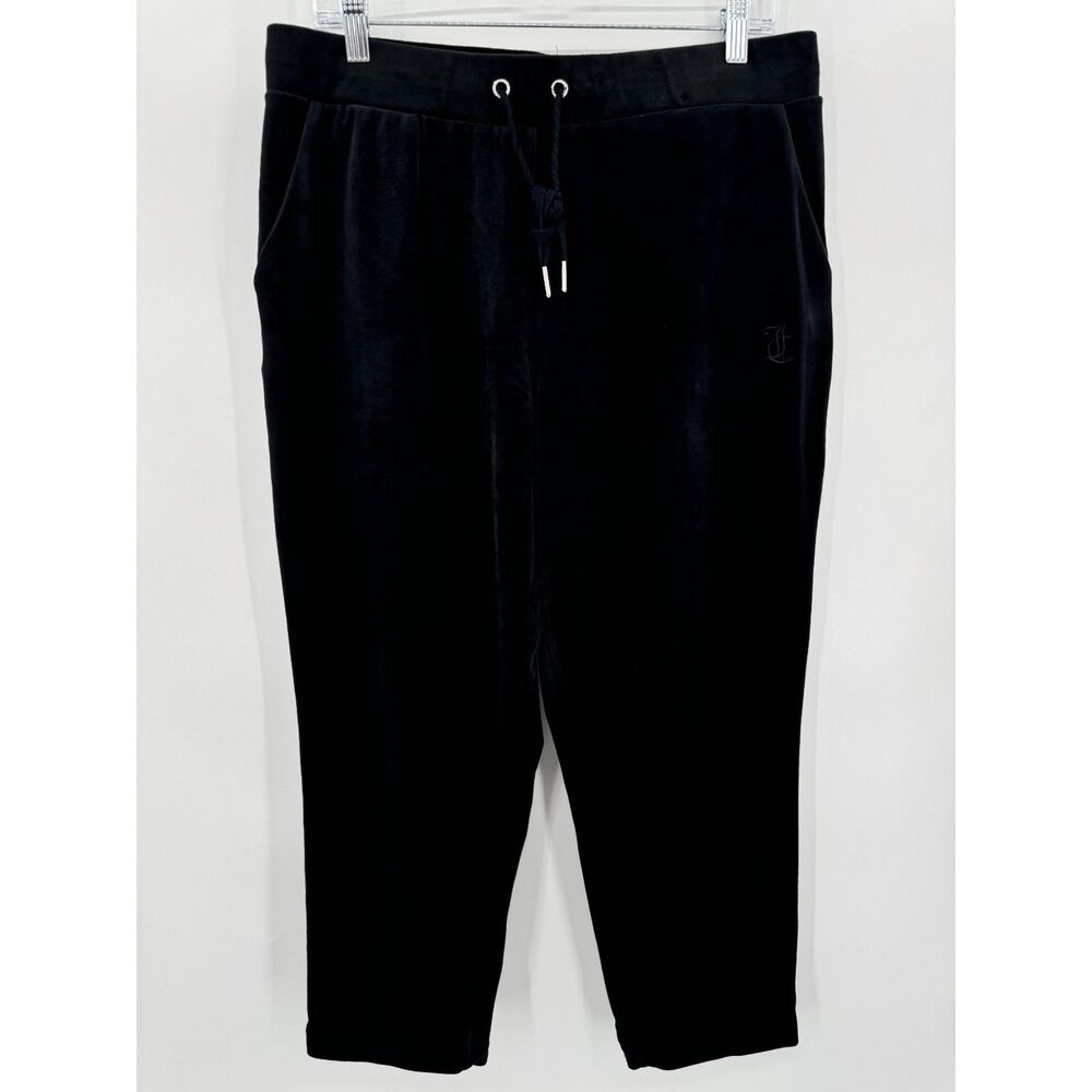 JUICY COUTURE Black Classic Y2K Velour Pull On Cropped Pants Size L